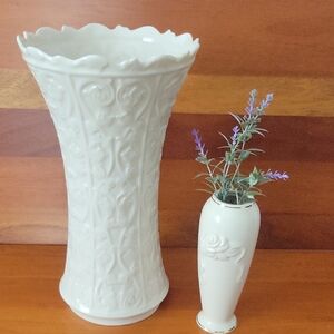 Lenox Vintage Wentworth 11" Porcelain Vase and Floral Rose Embossed 6" Bud Vase